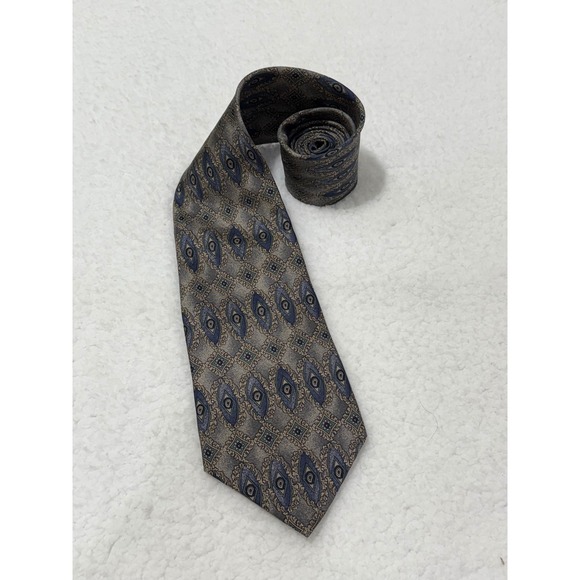 HALSTON Mens Necktie Silk Gray Blue Brown Patterned Geometric Business Formal - Picture 1 of 8